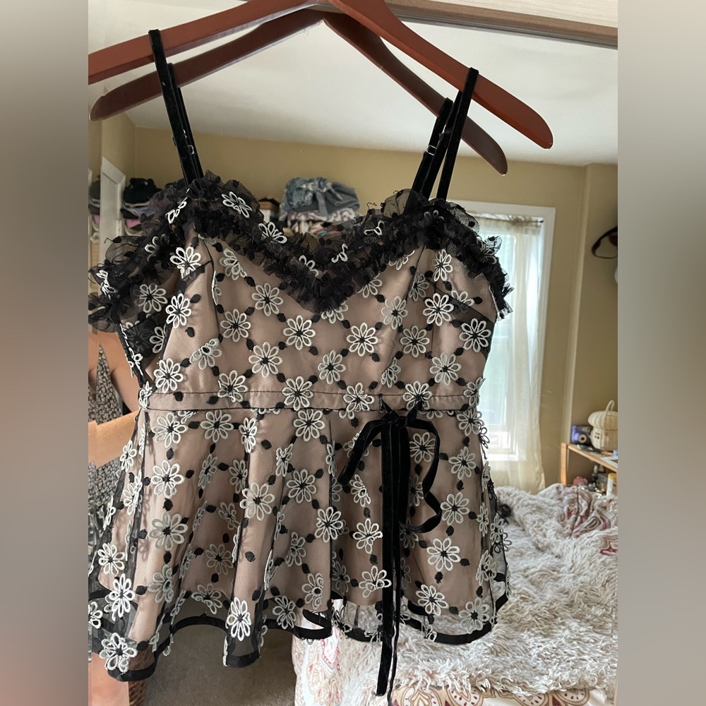 3D Floral Appliqué Tulle Blouse Top